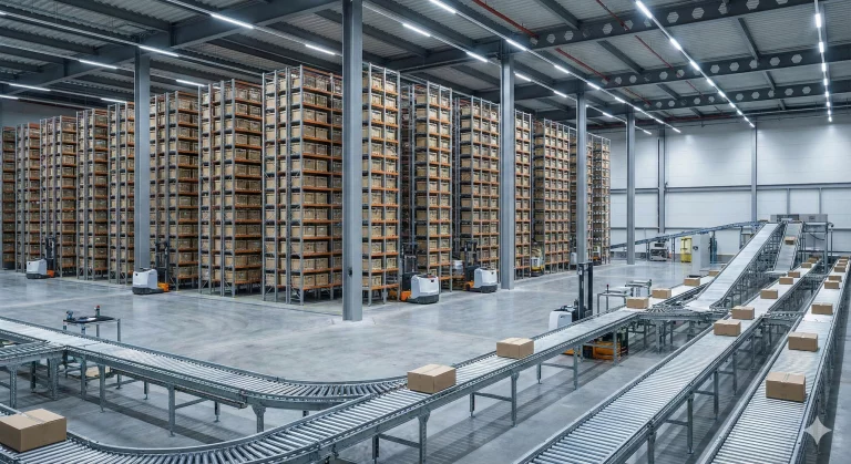 Magazzino logistico moderno con processi standardizzati e predisposizione all'automazione industriale.