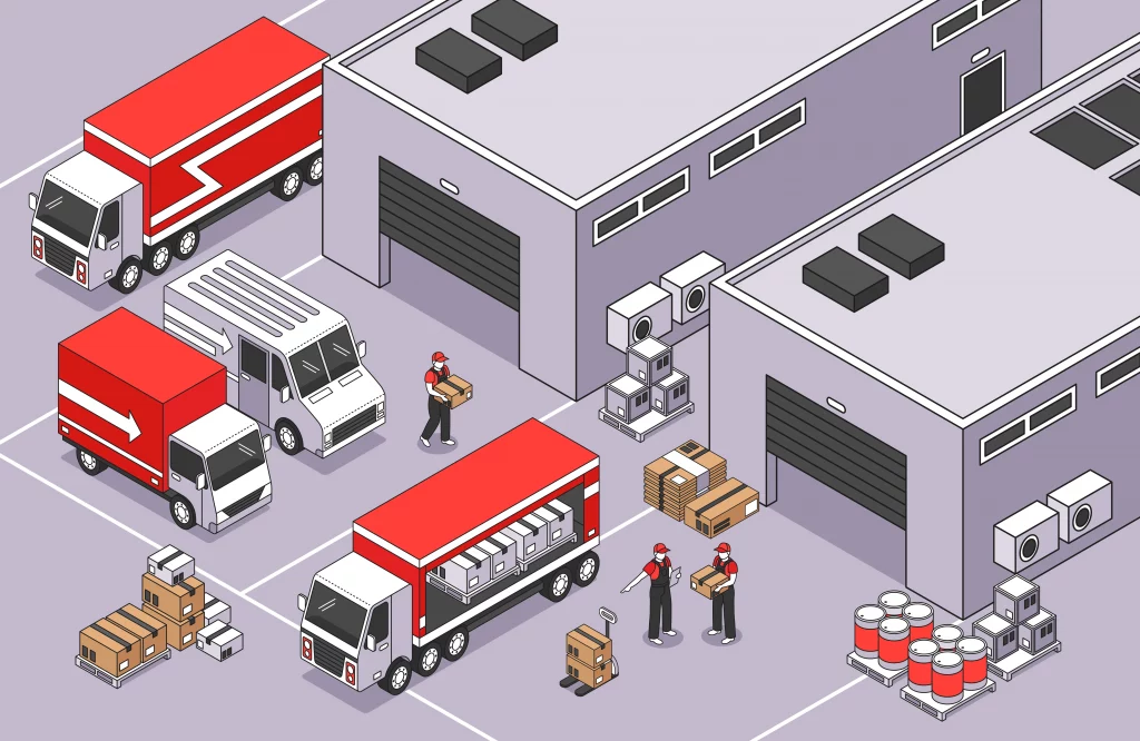Illustrazione isometrica di un centro logistico operativo con camion alle baie di carico, operatori al lavoro e gestione merce per logistica conto terzi. Magazzino logistica Fradepo a Collegno Torino