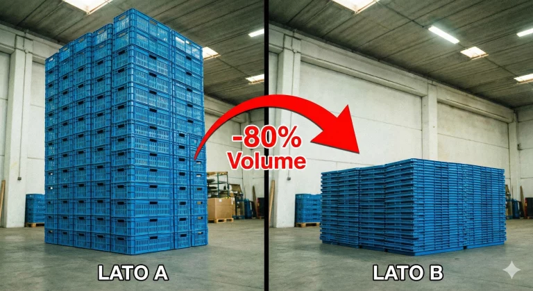 Confronto volumetrico tra cassette in plastica aperte e contenitori abbattibili chiusi per risparmio spazio logistico.