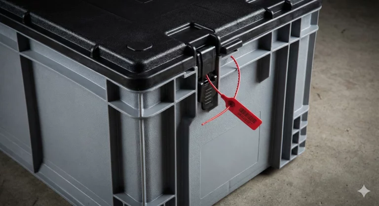 Contenitore in plastica logistico con coperchio e sigillo di sicurezza antieffrazione.