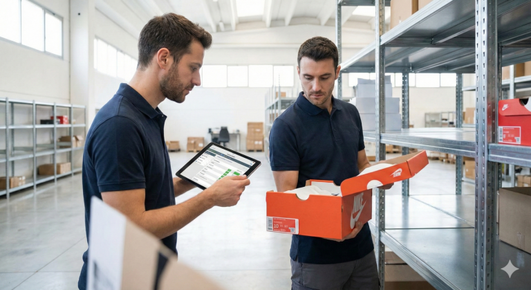 Operatore logistico che effettua controllo qualitร su merce resa per re-stocking immediato.