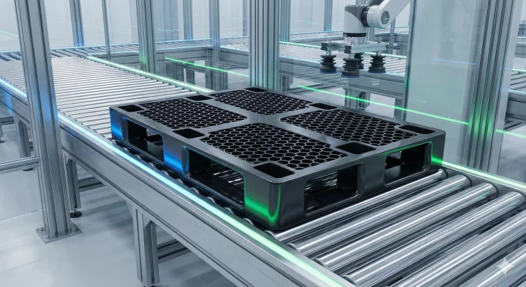 Pallet in plastica su rulliera automatica in un magazzino logistico ad alta tecnologia.