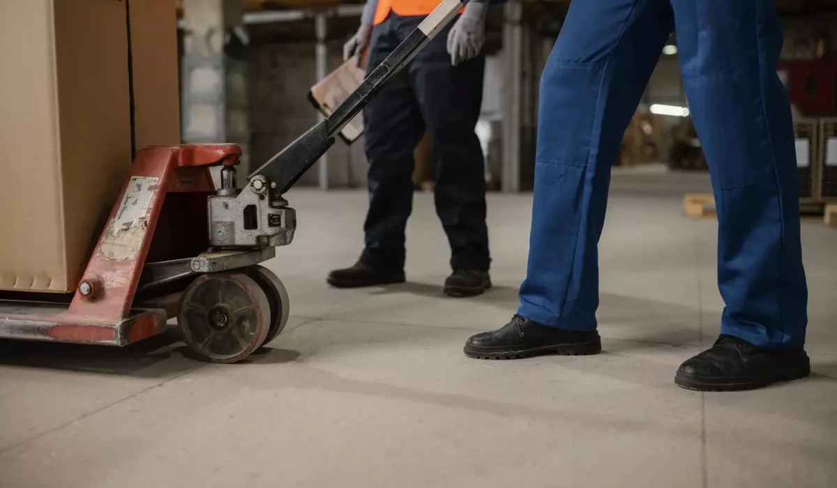 operaio con transpallet mentre sposta bancale